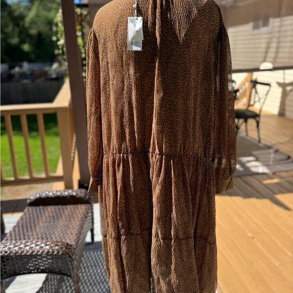 Vince Dot Shirred Semi Sheer Long Sleeve Elegant Brown Midi Dress, size 3X, NWTS - Picture 7 of 15